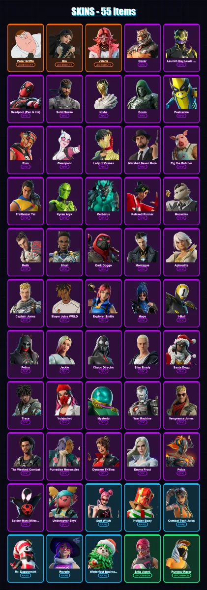 [PC/XBOX/PSN] | Peter Griffin | Era | Valeria | Oscar | Launch Day Lewis Hamilton | 55 skin | 82 pickaxe | 45 emote | 57 glider | Lv675