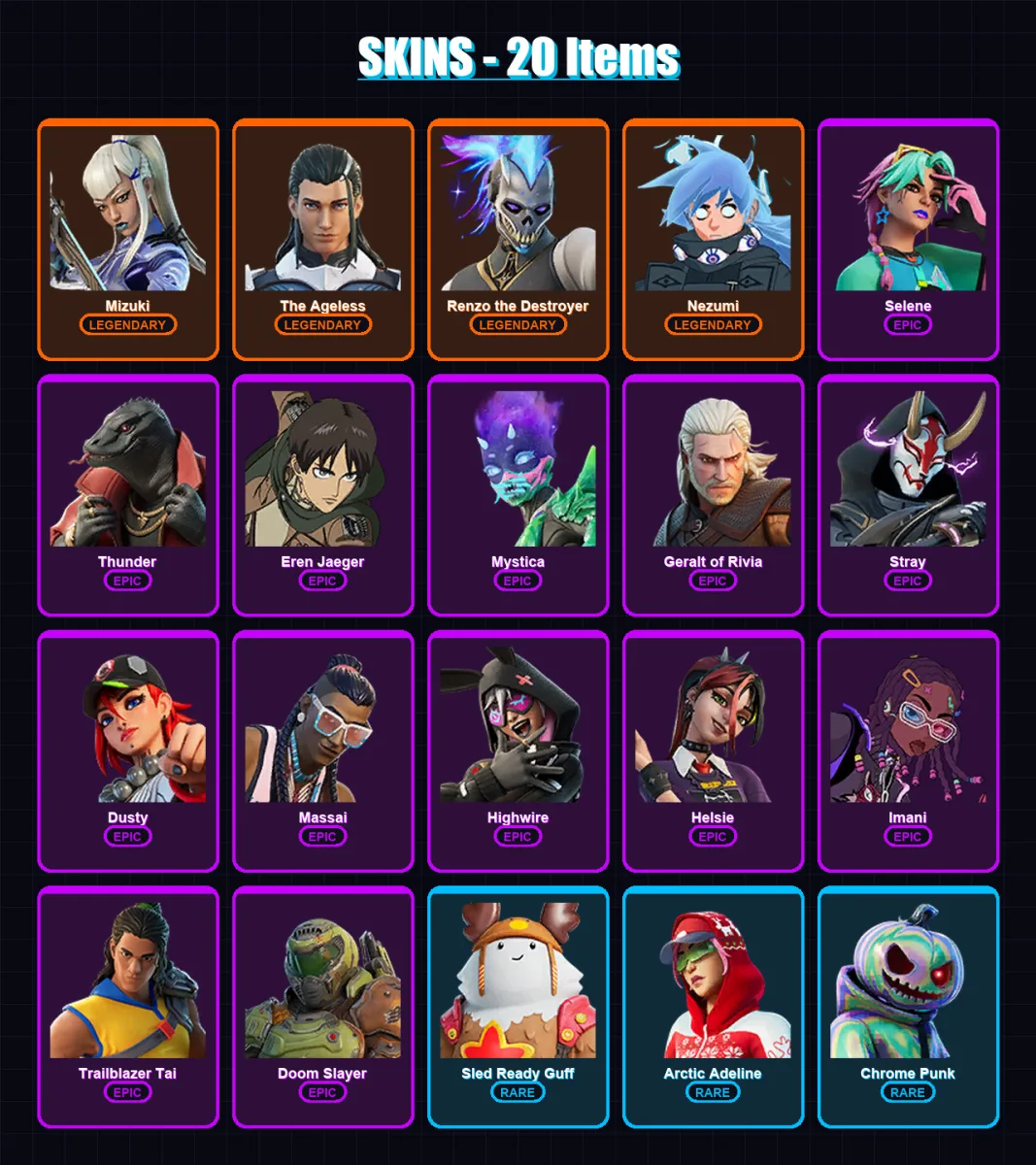 [PC/XBOX/PSN] | Mizuki | The Ageless | Renzo the Destroyer | Nezumi | Selene | 20 skin | 30 pickaxe | 23 emote | 32 glider | Lv463