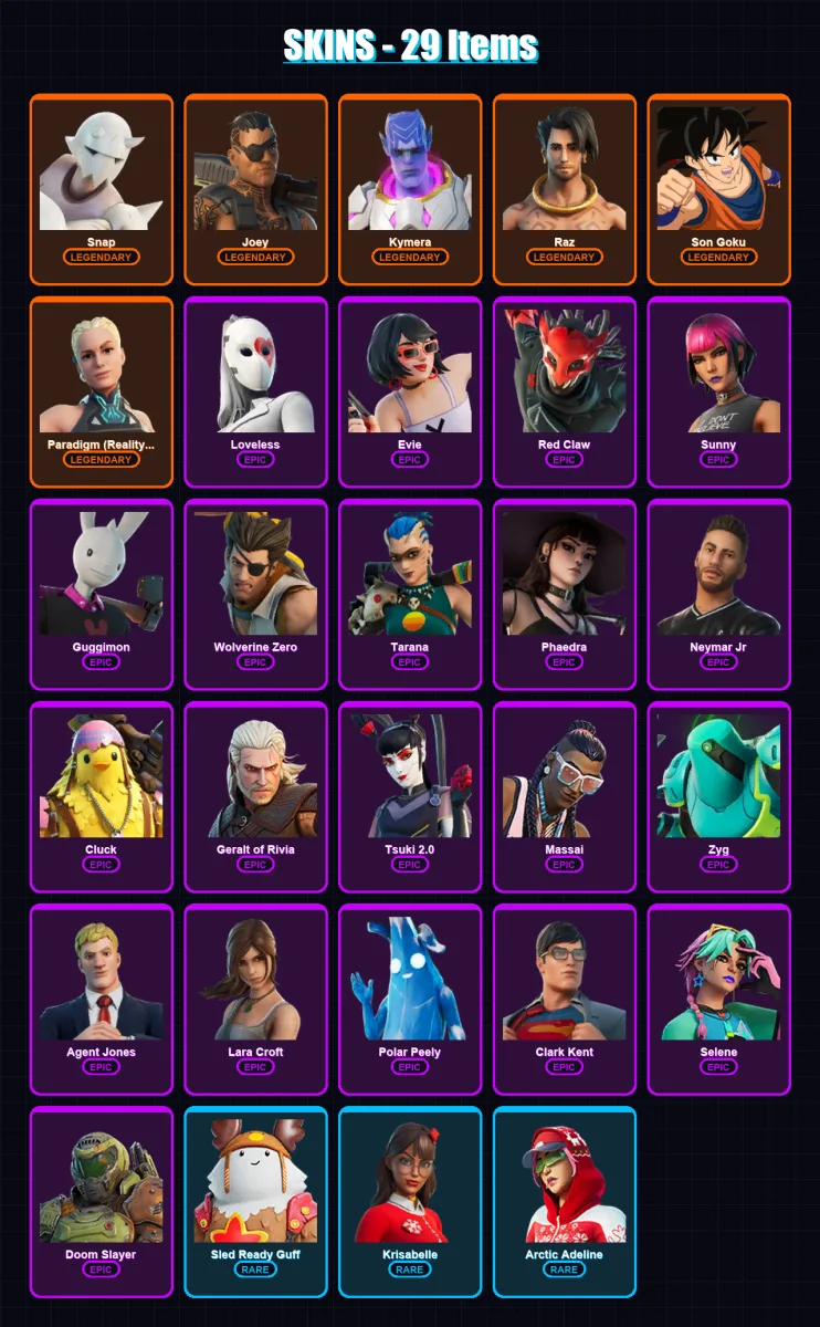 [PS4/PS5/XBOX/PC] | Snap | Joey | Kymera | Raz | Son Goku | 29 skin | 34 pickaxe | 17 emote | 31 glider | Lv284
