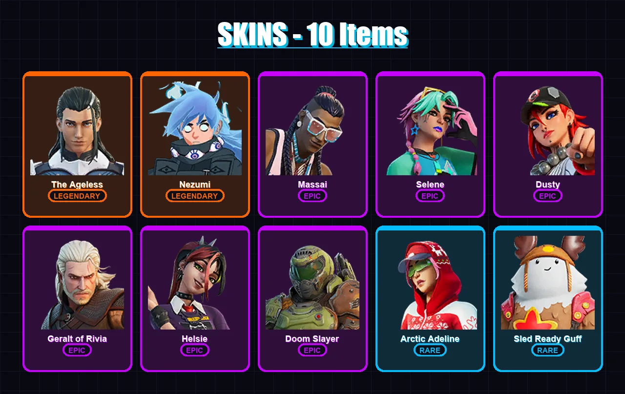 [PC/XBOX/PSN] | The Ageless | Nezumi | Massai | Selene | Dusty | 10 skin | 11 pickaxe | 12 emote | 14 glider | Lv185
