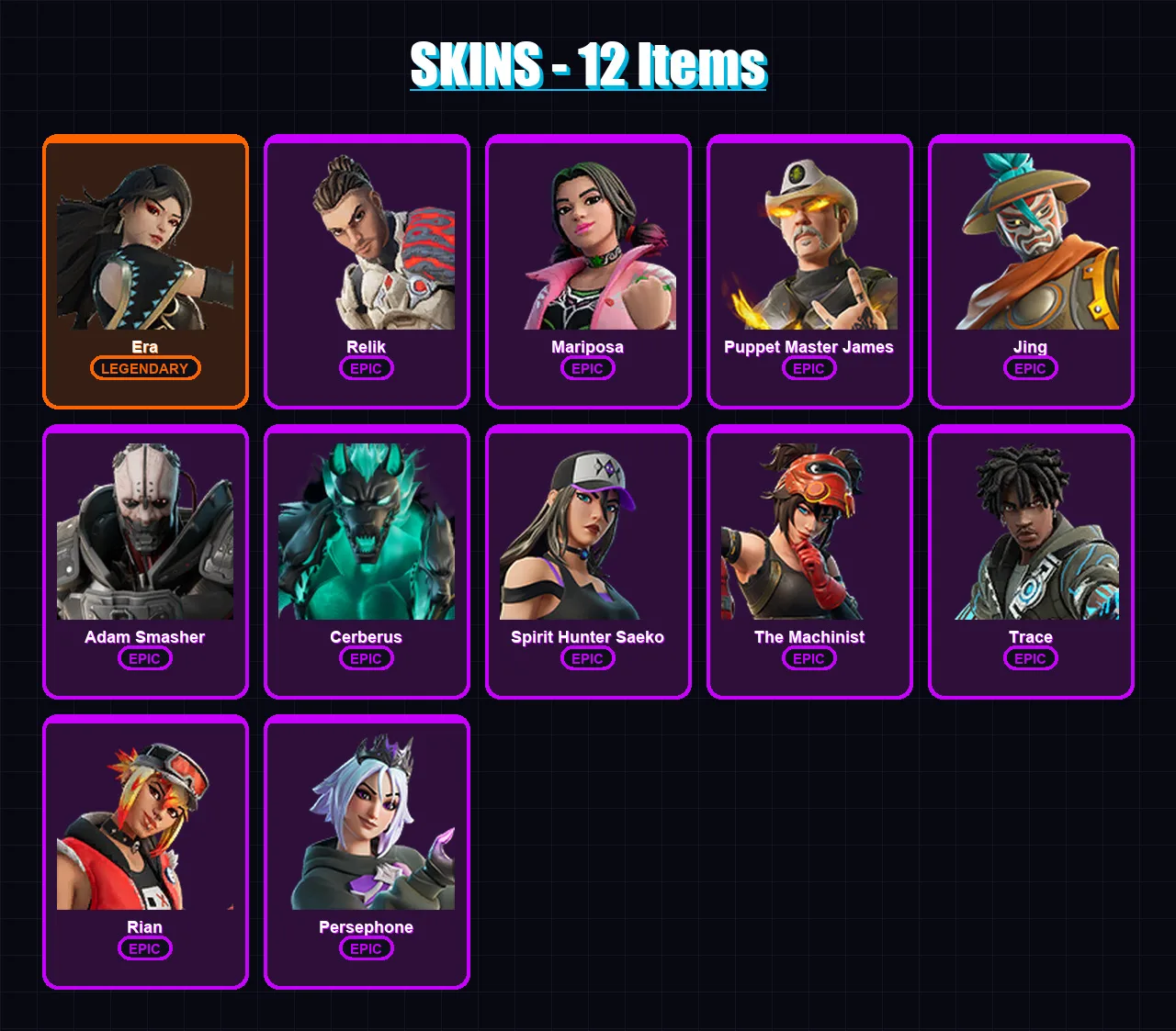 [PC/XBOX/PSN] | Era | Relik | Mariposa | Puppet Master James | Jing | 12 skin | 15 pickaxe | 8 emote | 12 glider | Lv115