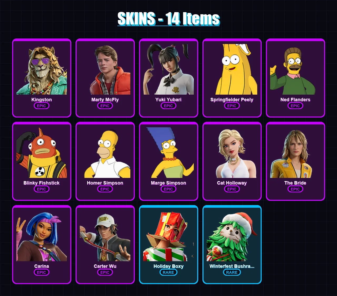 [PC/XBOX/PSN] | Kingston | Marty McFly | Yuki Yubari | Springfielder Peely | Ned Flanders | 14 skin | 26 pickaxe | 20 emote | 22 glider | Lv181