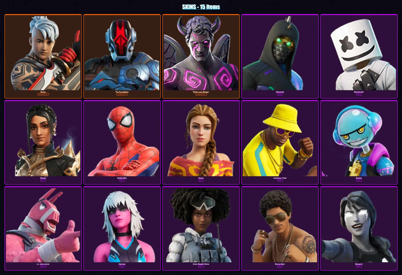 [PC/XBOX/PSN] | Ronin | The Foundation | Fallen Love Ranger | Aftermath | Marshmello | 15 skin | 19 pickaxe | 15 emote | 13 glider | Lv305