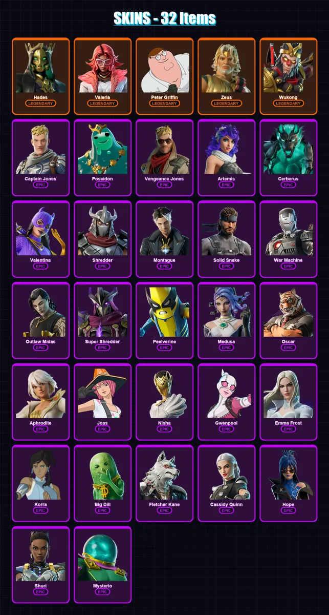 [PS4/PS5/XBOX/PC] | Hades | Valeria | Peter Griffin | Zeus | Wukong | 32 skin | 42 pickaxe | 33 emote | 33 glider | Lv385