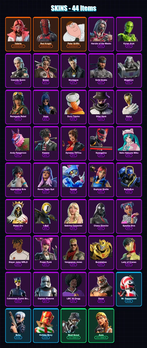 [PC/XBOX/PSN] | Valeria | Red Knight | Peter Griffin | Haruka of the Masks | Kyran Aryk | 44 skin | 37 pickaxe | 22 emote | 15 glider | Lv201