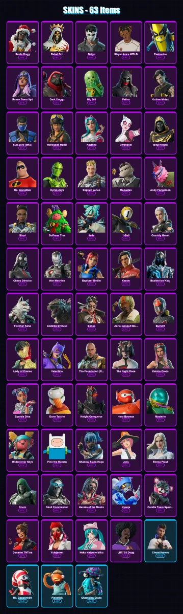 [PC/PSN] | Santa Dogg | Rebel Oro | Daigo | Slayer Juice WRLD | Peelverine | 63 skin | 93 pickaxe | 51 emote | 53 glider | Lv837
