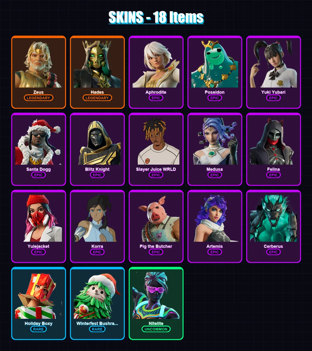 [PC/XBOX/PSN] | Zeus | Hades | Aphrodite | Poseidon | Yuki Yubari | 18 skin | 89 pickaxe | 42 emote | 54 glider | Lv1067