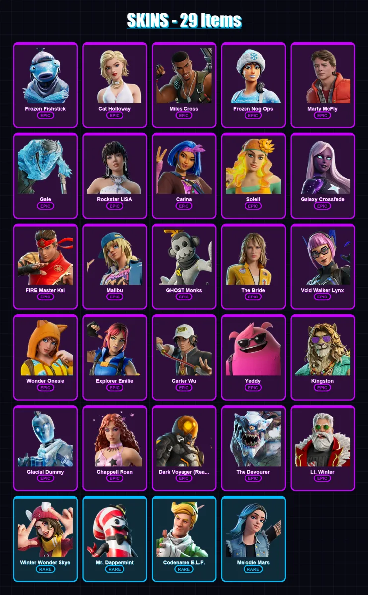 [PC/XBOX/PSN] | Frozen Fishstick | Cat Holloway | Miles Cross | Frozen Nog Ops | Marty McFly | 29 skin | 32 pickaxe | 18 emote | 20 glider | Lv236