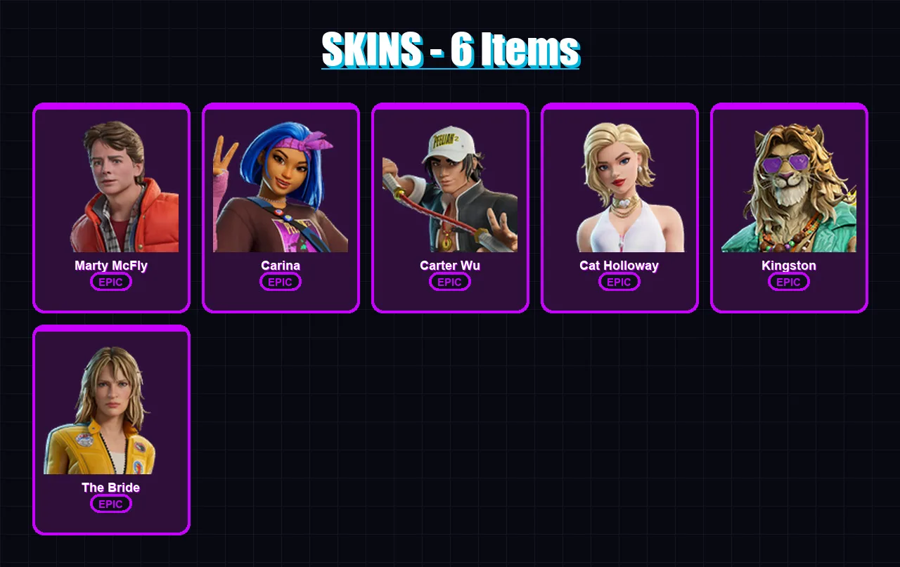 [PC/PSN] | Marty McFly | Carina | Carter Wu | Cat Holloway | Kingston | 6 skin | 10 pickaxe | 8 emote | 8 glider | Lv81
