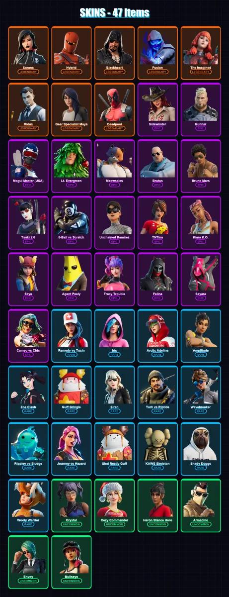 [PC/XBOX/PSN] | Sorana | Hybrid | Blackheart | Fusion | The Imagined | 47 skin | 55 pickaxe | 70 emote | 44 glider | Lv875