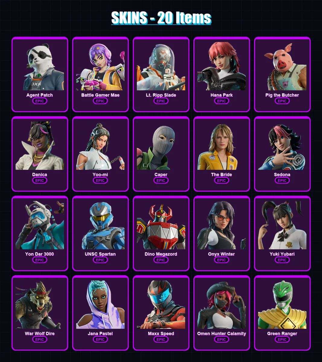 [PC/XBOX/PSN] | Agent Patch | Battle Gamer Mae | Lt. Ripp Slade | Hana Park | Pig the Butcher | 20 skin | 35 pickaxe | 21 emote | 19 glider | Lv183
