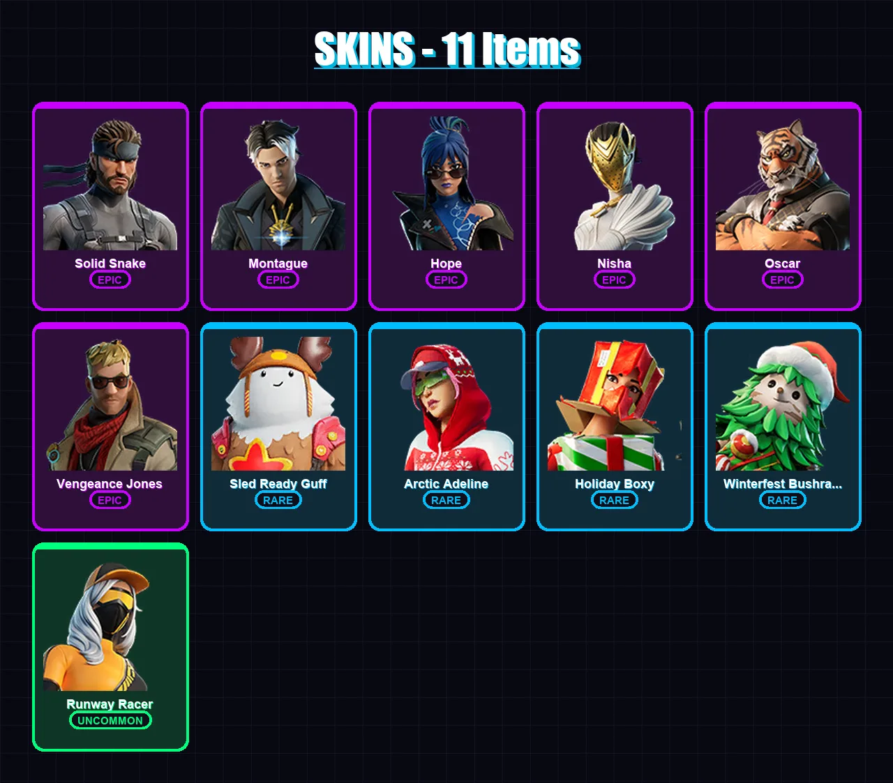 [PC/PSN] | Solid Snake | Montague | Hope | Nisha | Oscar | 11 skin | 21 pickaxe | 17 emote | 24 glider | Lv463