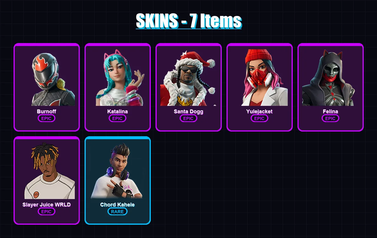 [PC/XBOX/PSN] | Burnoff | Katalina | Santa Dogg | Yulejacket | Felina | 7 skin | 21 pickaxe | 7 emote | 12 glider | Lv153