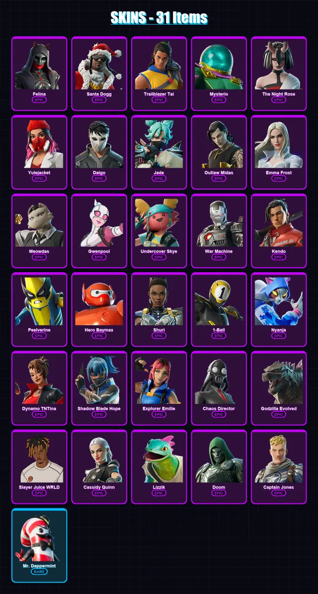[SWITCH/XBOX/PSN/PC] | Felina | Santa Dogg | Trailblazer Tai | Mysterio | The Night Rose | 31 skin | 58 pickaxe | 34 emote | 37 glider | Lv526 — Fortnite account