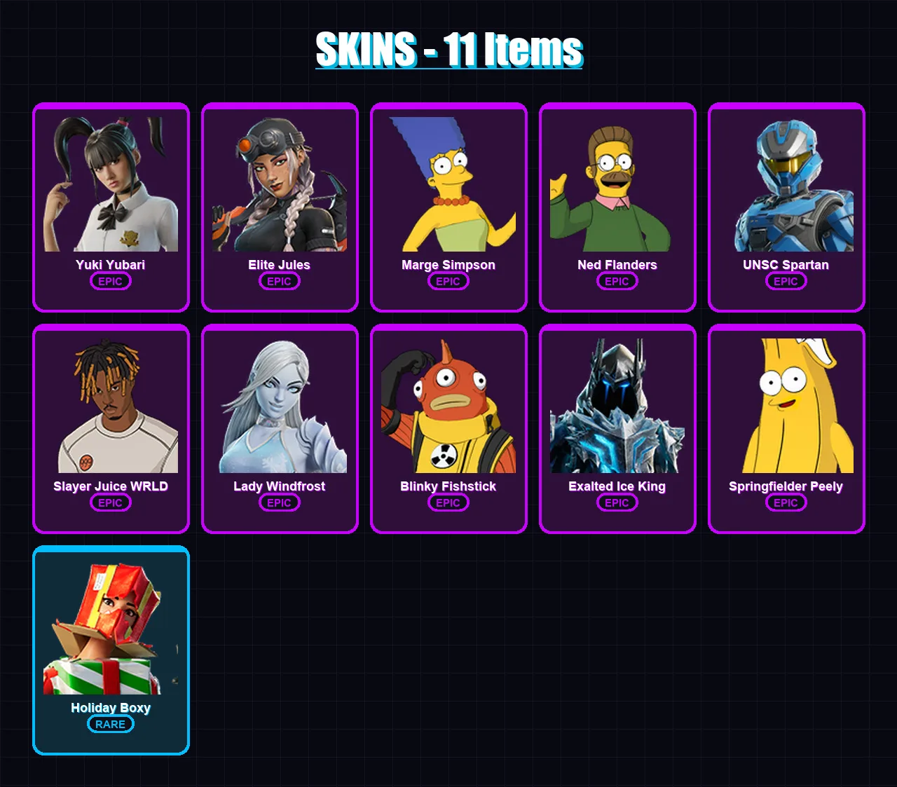 [PC/PSN] | Yuki Yubari | Elite Jules | Marge Simpson | Ned Flanders | UNSC Spartan | 11 skin | 54 pickaxe | 24 emote | 40 glider | Lv520