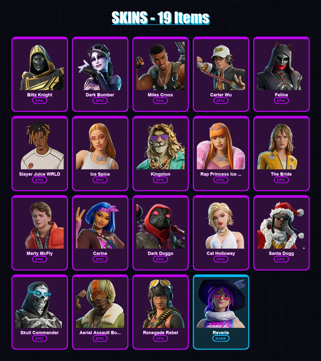 [PC/XBOX/PSN] | Blitz Knight | Dark Bomber | Miles Cross | Carter Wu | Felina | 19 skin | 46 pickaxe | 22 emote | 24 glider | Lv270