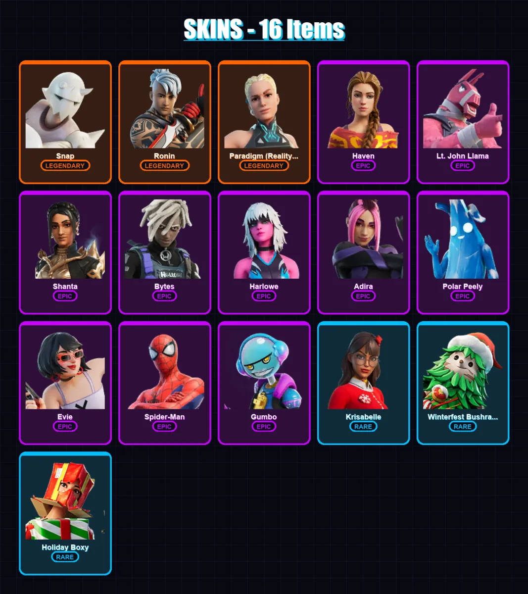 [PC/PSN] | Snap | Ronin | Paradigm (Reality-659) | Haven | Lt. John Llama | 16 skin | 37 pickaxe | 20 emote | 31 glider | Lv571