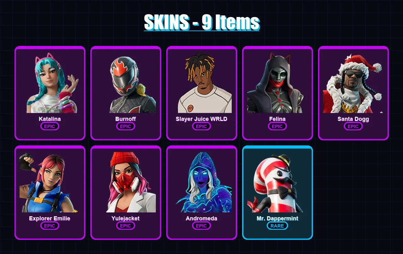 [PC/XBOX/PSN] | Katalina | Burnoff | Slayer Juice WRLD | Felina | Santa Dogg | 9 skin | 28 pickaxe | 9 emote | 14 glider | Lv249