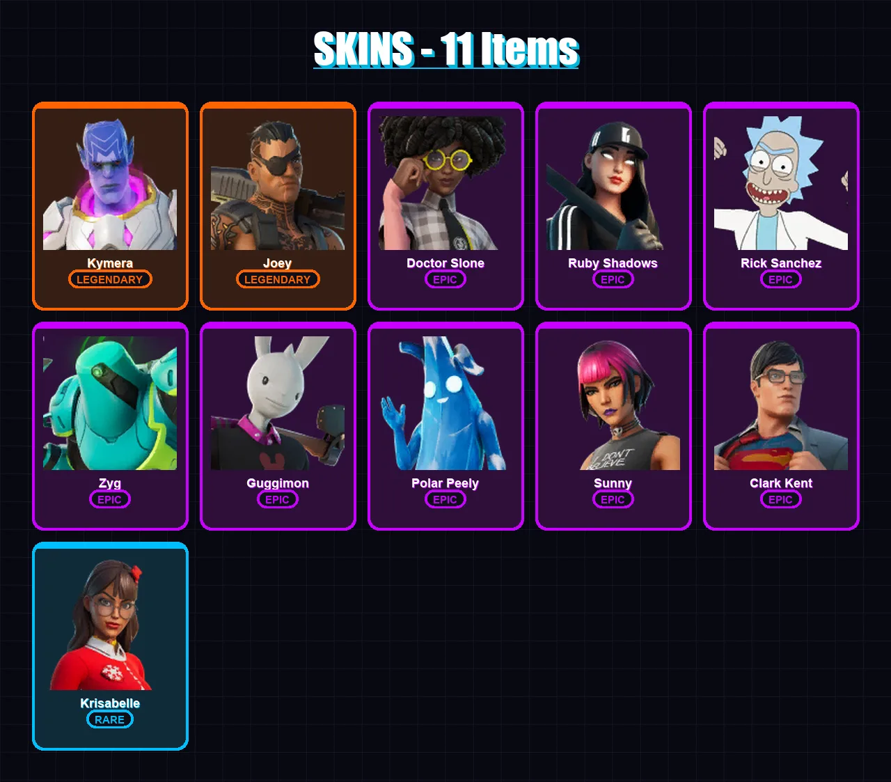 [PC/XBOX/PSN] | Kymera | Joey | Doctor Slone | Ruby Shadows | Rick Sanchez | 11 skin | 20 pickaxe | 18 emote | 20 glider | Lv283