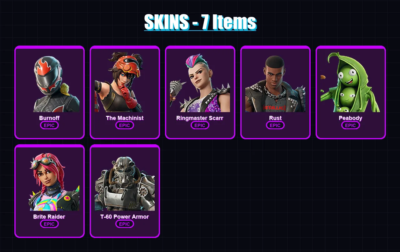 [PC/XBOX/PSN] | Burnoff | The Machinist | Ringmaster Scarr | Rust | Peabody | 7 skin | 15 pickaxe | 11 emote | 14 glider | Lv192
