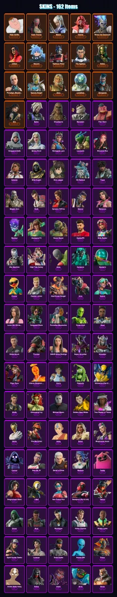 [PS4/PS5/PC] | Peter Griffin | Kado Thorne | Mizuki | Valeria | Renzo the Destroyer | 162 skin | 217 pickaxe | 155 emote | 135 glider | Lv2323