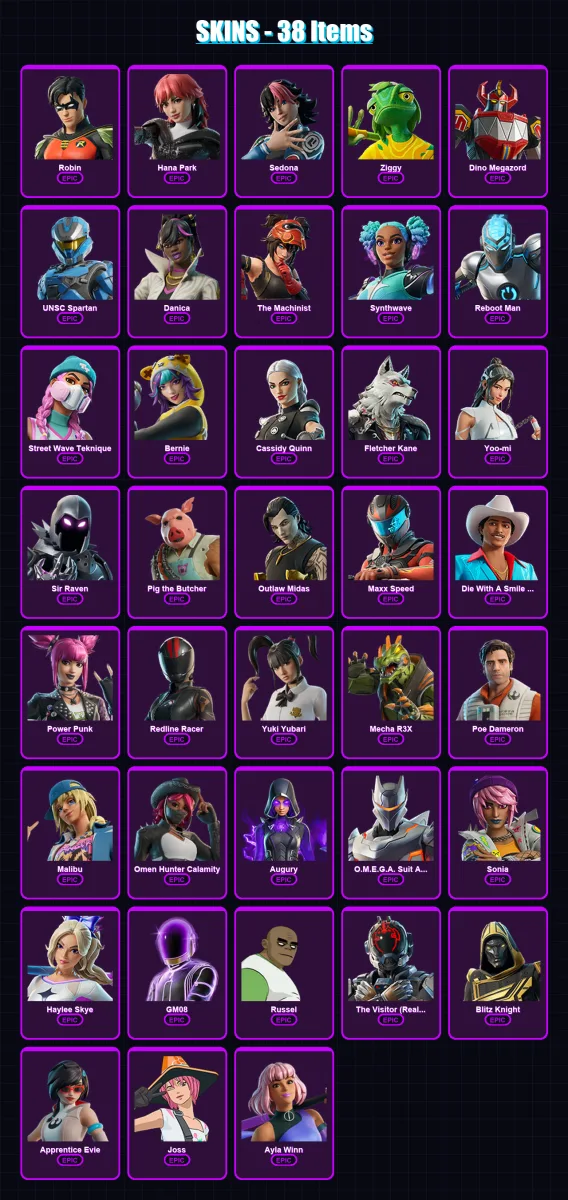 [PC/PSN] | Robin | Hana Park | Sedona | Ziggy | Dino Megazord | 38 skin | 48 pickaxe | 40 emote | 27 glider | Lv183