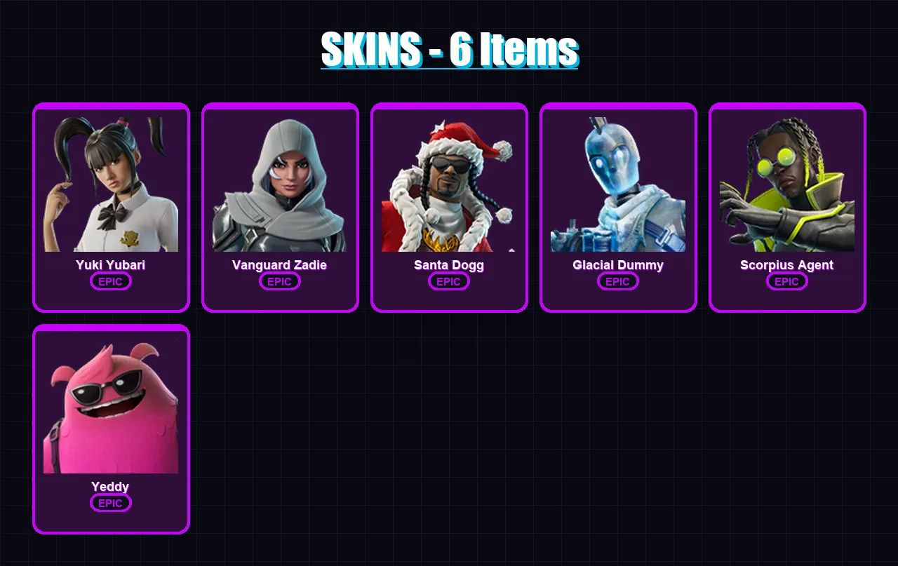 [PC/PSN] | Yuki Yubari | Vanguard Zadie | Santa Dogg | Glacial Dummy | Scorpius Agent | 6 skin | 53 pickaxe | 19 emote | 33 glider | Lv481