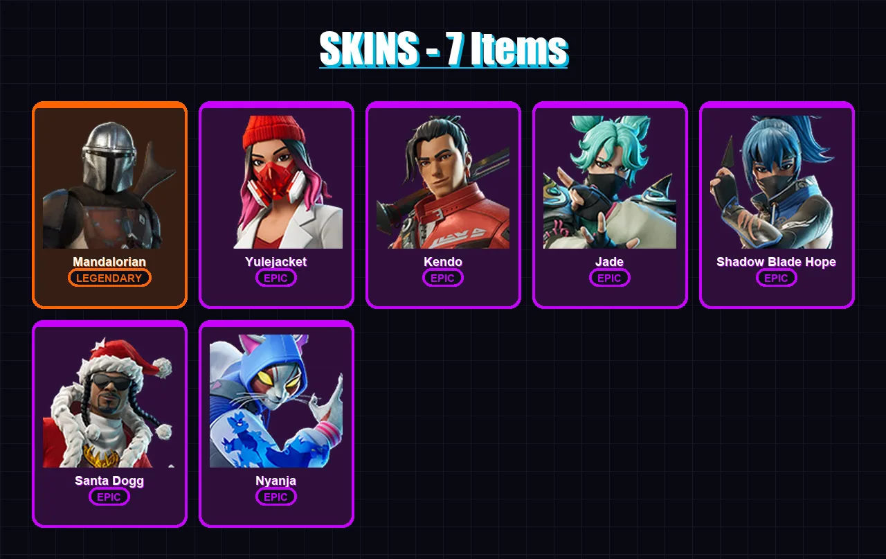 [SWITCH/XBOX/PSN/PC] | Mandalorian | Yulejacket | Kendo | Jade | Shadow Blade Hope | 7 skin | 11 pickaxe | 8 emote | 12 glider | Lv112