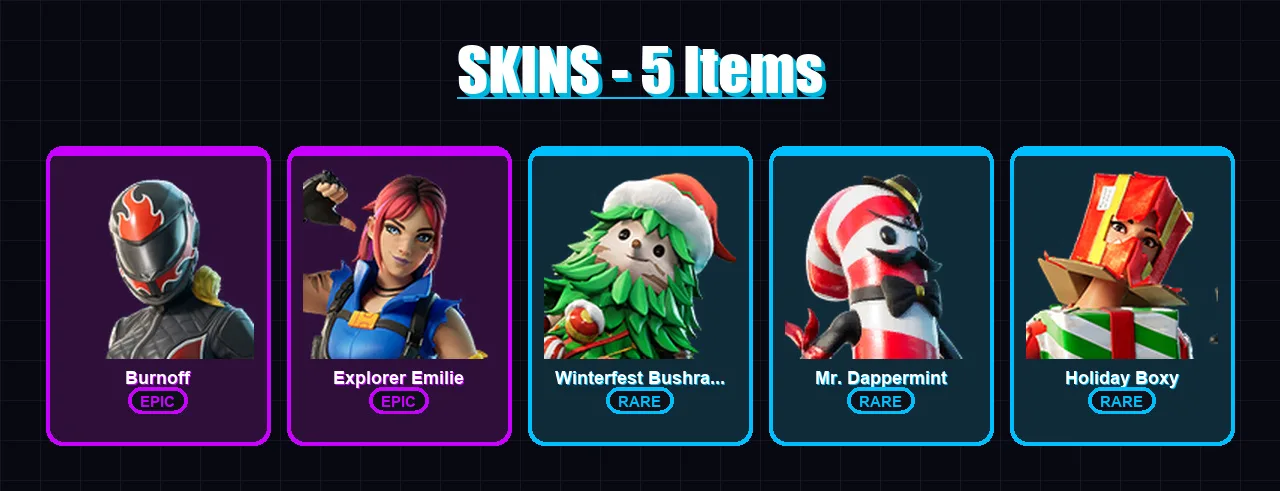 [PC/XBOX/PSN] | Burnoff | Explorer Emilie | Winterfest Bushranger | Mr. Dappermint | Holiday Boxy | 5 skin | 5 pickaxe | 3 emote | 8 glider | Lv36