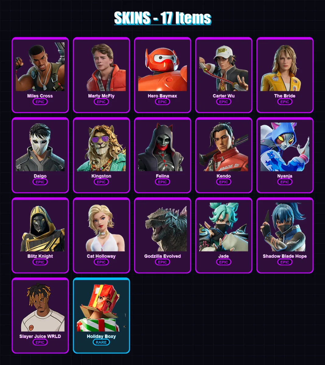 [PS4/PS5/XBOX/PC] | Miles Cross | Marty McFly | Hero Baymax | Carter Wu | The Bride | 17 skin | 63 pickaxe | 37 emote | 39 glider | Lv690