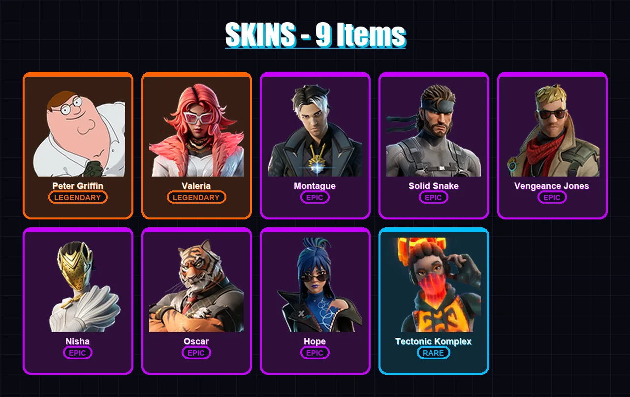 [PC/XBOX/PSN] | Peter Griffin | Valeria | Montague | Solid Snake | Vengeance Jones | 9 skin | 14 pickaxe | 11 emote | 14 glider | Lv199