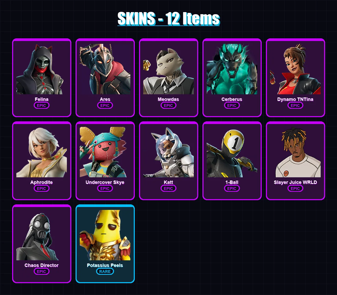 [PC/PSN] | Felina | Ares | Meowdas | Cerberus | Dynamo TNTina | 12 skin | 19 pickaxe | 10 emote | 11 glider | Lv102