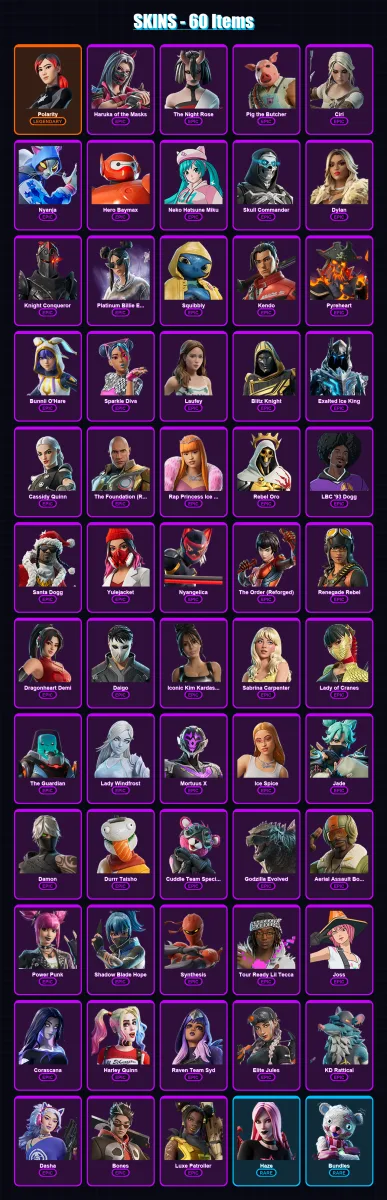 [PC/XBOX/PSN] | Polarity | Haruka of the Masks | The Night Rose | Pig the Butcher | Ciri | 60 skin | 85 pickaxe | 42 emote | 45 glider | Lv550