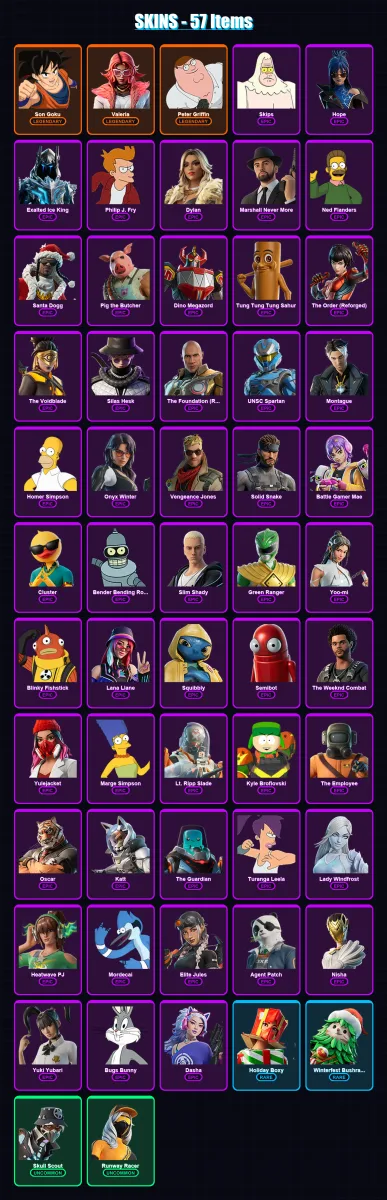 [PC/XBOX/PSN] | Son Goku | Valeria | Peter Griffin | Skips | Hope | 57 skin | 71 pickaxe | 53 emote | 41 glider | Lv490