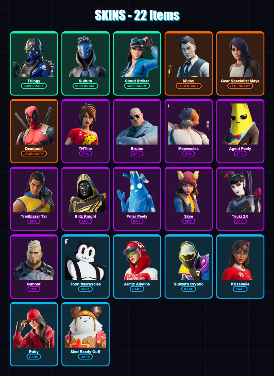 [PS4/PS5/XBOX/PC] | Trilogy | Sultura | Cloud Striker | Midas | Gear Specialist Maya | 22 skin | 35 pickaxe | 29 emote | 40 glider | Lv509