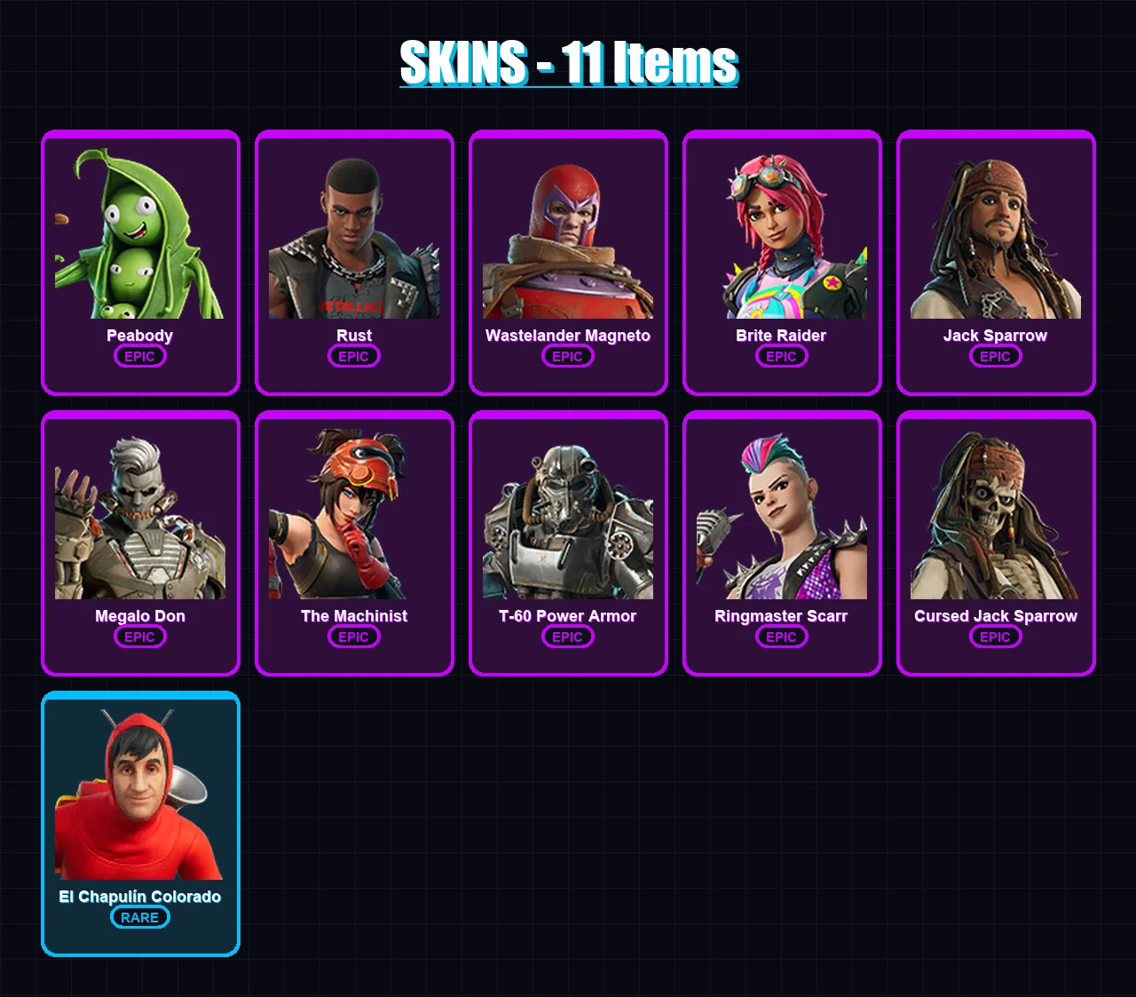 [PS4/PS5/XBOX/PC] | Peabody | Rust | Wastelander Magneto | Brite Raider | Jack Sparrow | 11 skin | 20 pickaxe | 14 emote | 19 glider | Lv371