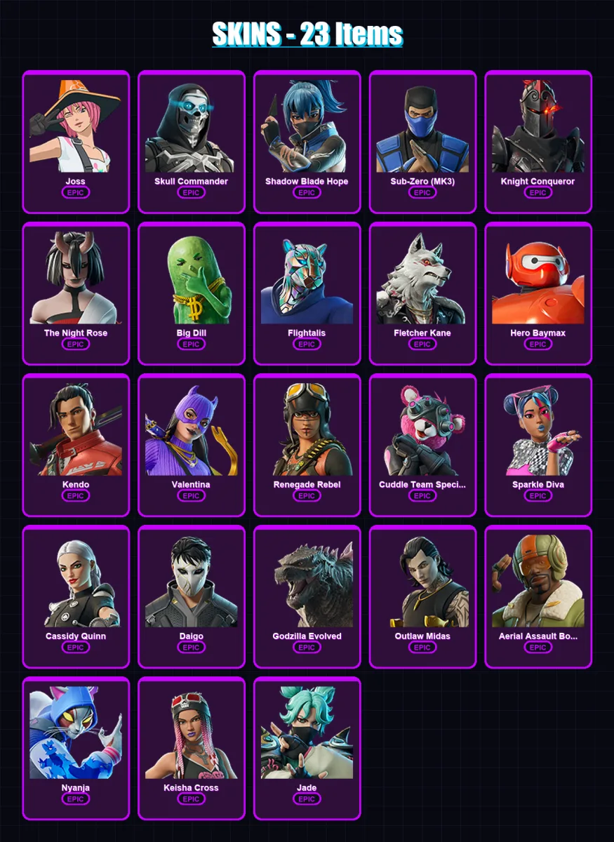[PS4/PS5/PC] | Joss | Skull Commander | Shadow Blade Hope | Sub-Zero (MK3) | Knight Conqueror | 23 skin | 32 pickaxe | 30 emote | 26 glider | Lv283