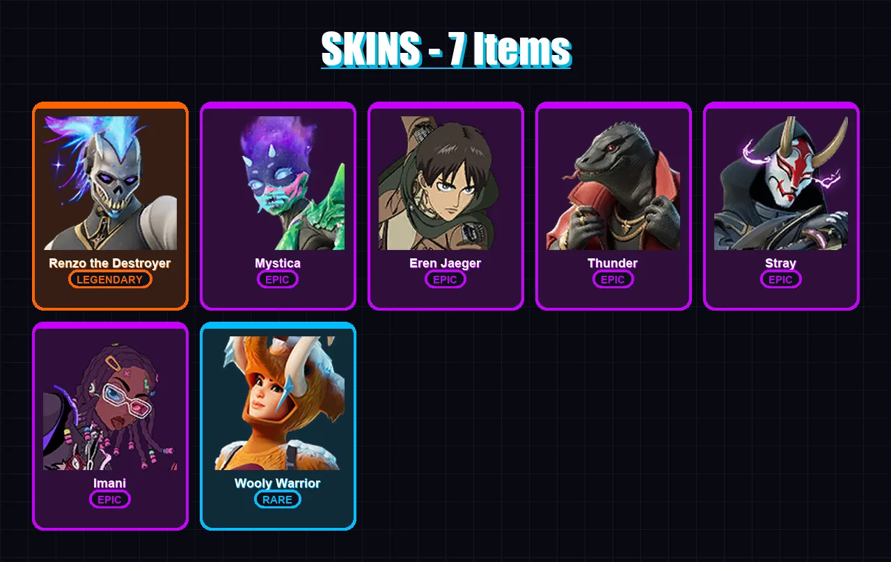 [PC/XBOX/PSN] | Renzo the Destroyer | Mystica | Eren Jaeger | Thunder | Stray | 7 skin | 11 pickaxe | 10 emote | 13 glider | Lv127