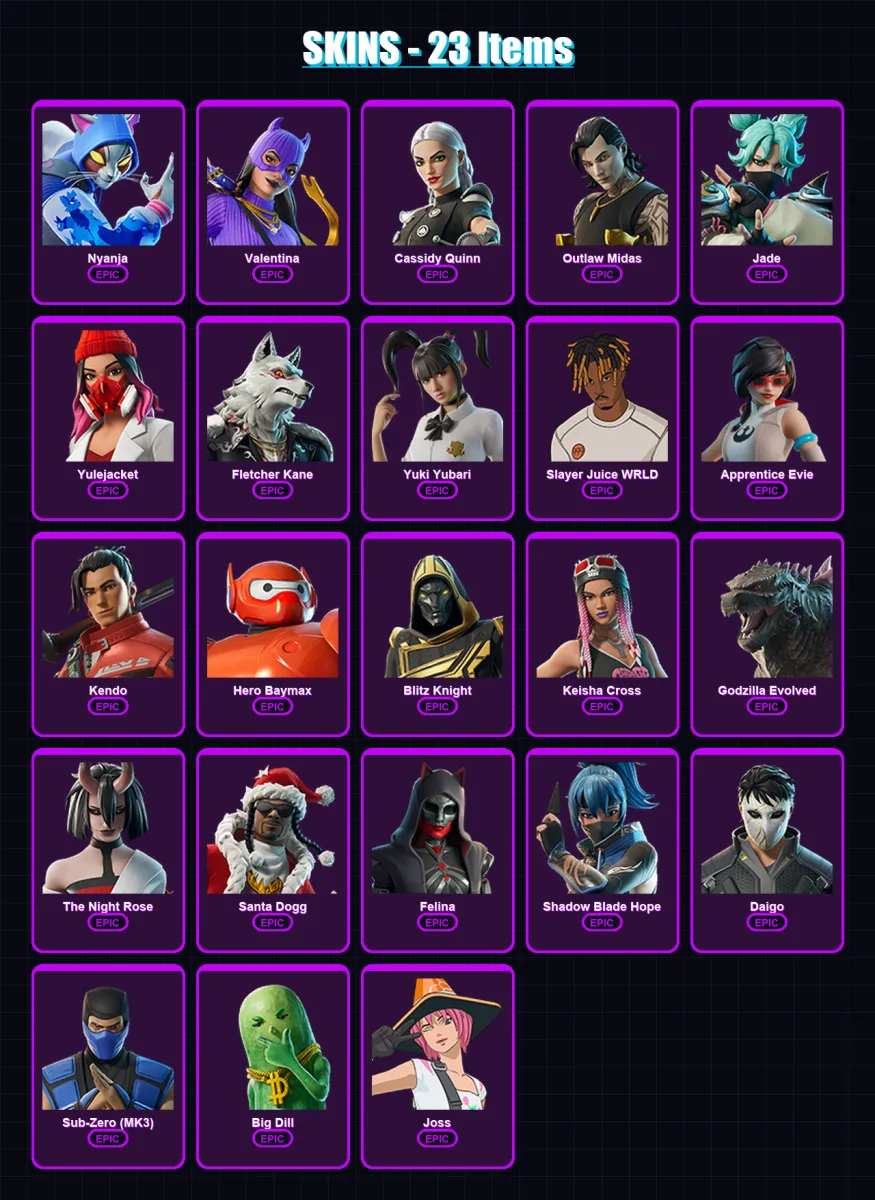[PC/PSN] | Nyanja | Valentina | Cassidy Quinn | Outlaw Midas | Jade | 23 skin | 71 pickaxe | 38 emote | 48 glider | Lv869
