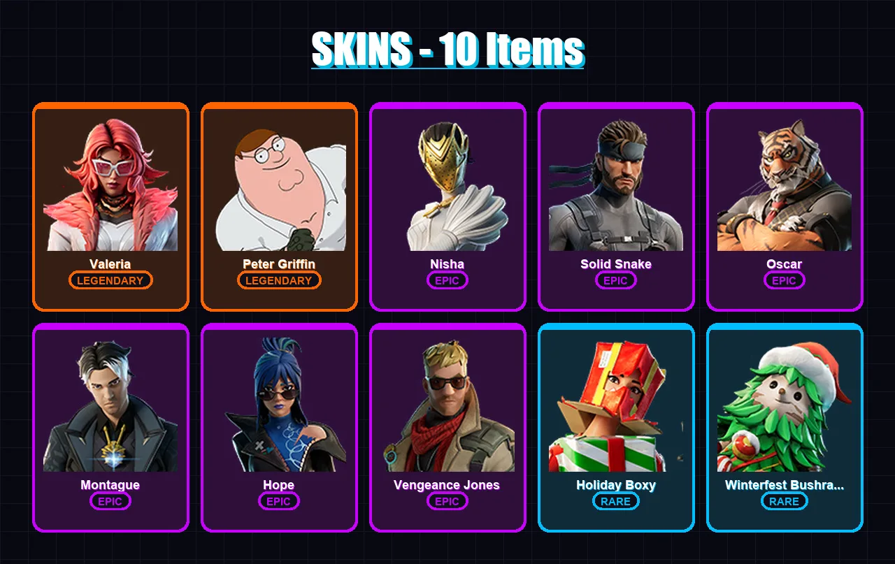 [PC/XBOX/PSN] | Valeria | Peter Griffin | Nisha | Solid Snake | Oscar | 10 skin | 10 pickaxe | 13 emote | 12 glider | Lv134 — Fortnite account