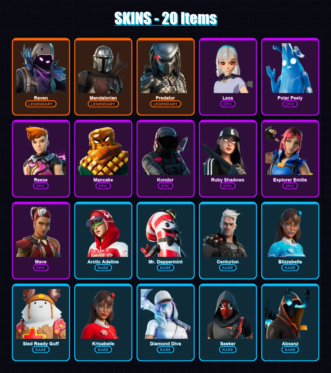[PC/XBOX] | Raven | Mandalorian | Predator | Lexa | Polar Peely | 20 skin | 37 pickaxe | 27 emote | 32 glider | Lv551