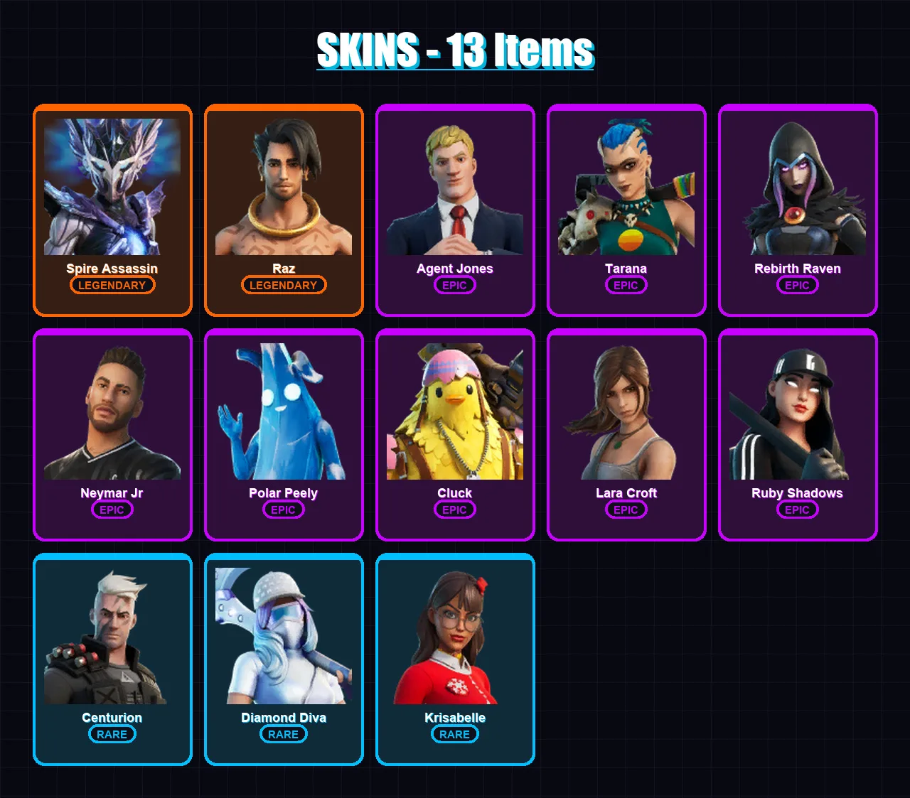 [PC/PSN] | Spire Assassin | Raz | Agent Jones | Tarana | Rebirth Raven | 13 skin | 23 pickaxe | 22 emote | 18 glider | Lv314