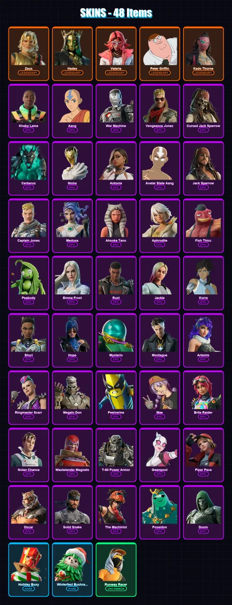 [PC/XBOX/PSN] | Zeus | Hades | Valeria | Peter Griffin | Kado Thorne | 48 skin | 62 pickaxe | 55 emote | 51 glider | Lv1072