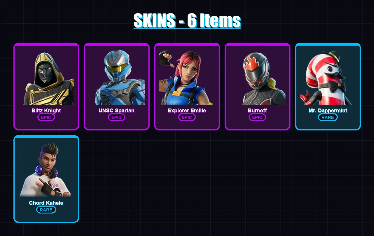 [PC/XBOX/PSN] | Blitz Knight | UNSC Spartan | Explorer Emilie | Burnoff | Mr. Dappermint | 6 skin | 45 pickaxe | 19 emote | 26 glider | Lv336