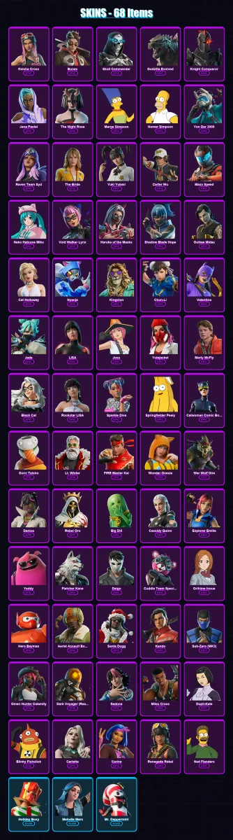 [PC/XBOX/PSN] | Keisha Cross | Bones | Skull Commander | Godzilla Evolved | Knight Conqueror | 68 skin | 93 pickaxe | 65 emote | 58 glider | Lv930