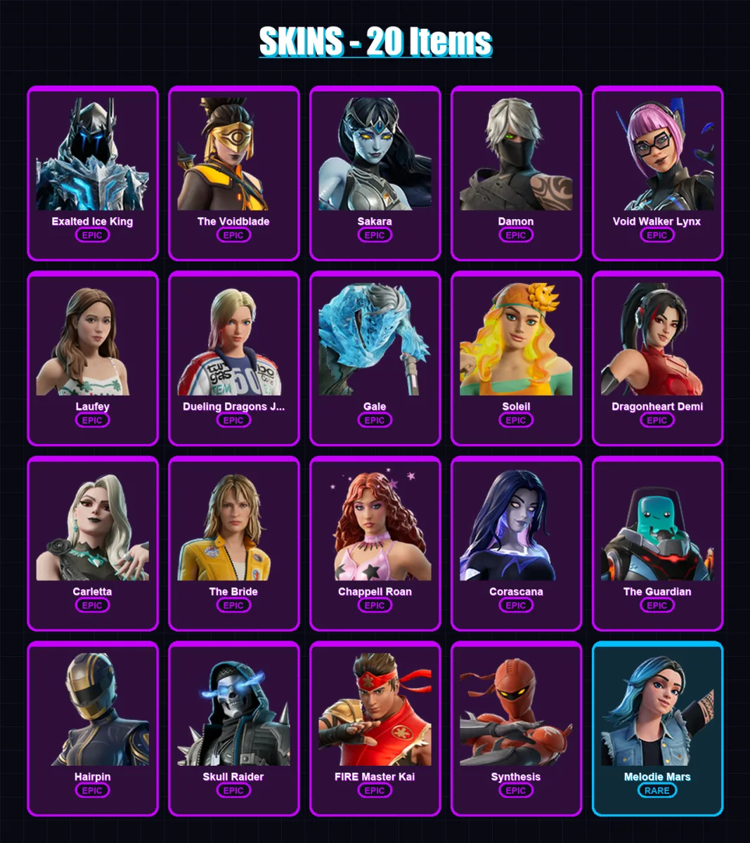 [PC/PSN] | Exalted Ice King | The Voidblade | Sakara | Damon | Void Walker Lynx | 20 skin | 25 pickaxe | 8 emote | 13 glider | Lv71