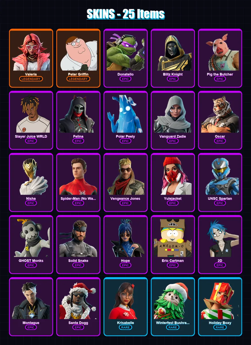 [SWITCH/XBOX/PC] | Valeria | Peter Griffin | Donatello | Blitz Knight | Pig the Butcher | 25 skin | 115 pickaxe | 55 emote | 78 glider | Lv1985
