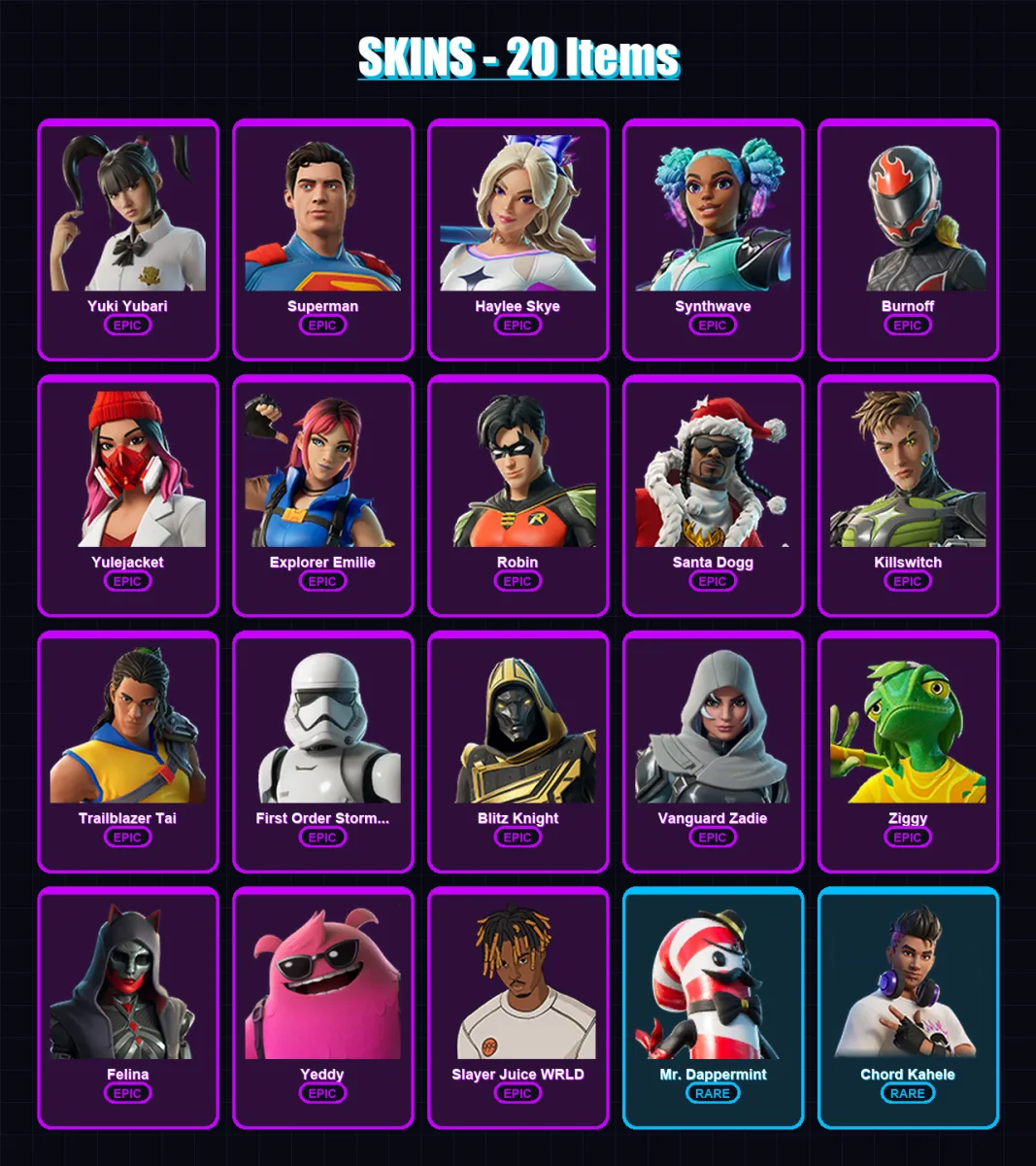 [PC] | Yuki Yubari | Superman | Haylee Skye | Synthwave | Burnoff | 20 skin | 60 pickaxe | 24 emote | 39 glider | Lv601