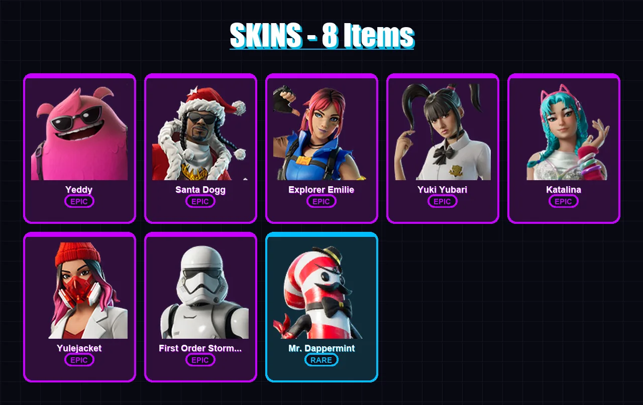 [PC/XBOX/PSN] | Yeddy | Santa Dogg | Explorer Emilie | Yuki Yubari | Katalina | 8 skin | 23 pickaxe | 6 emote | 9 glider | Lv108
