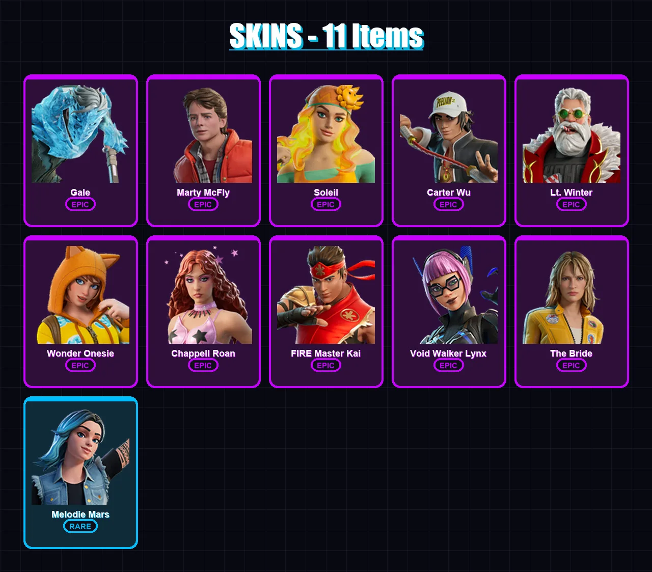 [PC/PSN] | Gale | Marty McFly | Soleil | Carter Wu | Lt. Winter | 11 skin | 13 pickaxe | 10 emote | 6 glider | Lv49